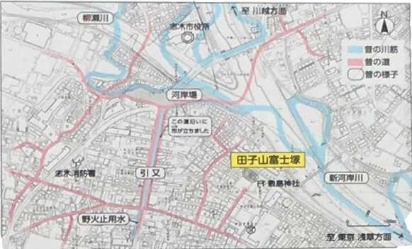 田子山富士塚築造当時の引又宿の様子 引又は、宿場や河岸場があり、毎月６回市が立つ、大いに栄えた商業地でした。
