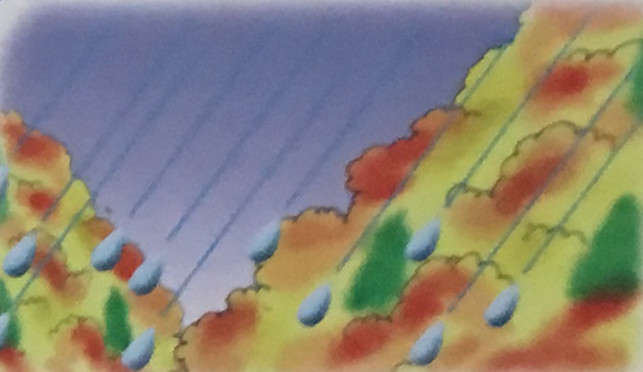 山に雨が降ります。